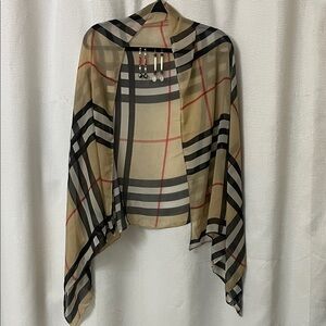 Mother’s Day 3 pc Gift Set Tartan Plaid Sheer Shawl Beige, Black Red 2pr Earring